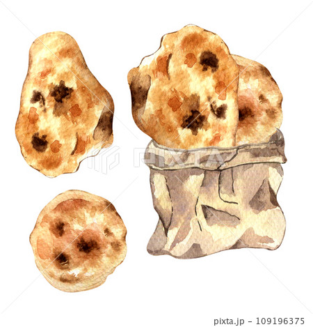 Craft paper bag with pitta, pita watercolor illustration isolated on white background. Brown craft shop bag with Indian naan hand drawn. Painted bread. Element for design bakery, grocery store 109196375