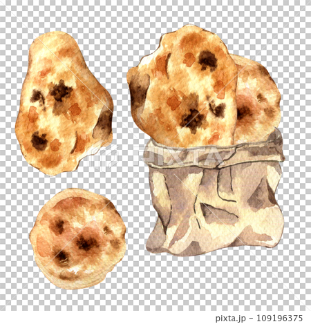 Craft paper bag with pitta, pita watercolor illustration isolated on white background. Brown craft shop bag with Indian naan hand drawn. Painted bread. Element for design bakery, grocery store 109196375