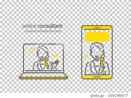 スマホやパソコンを通してサポートしてくれるスタッフ シンプルでお洒落な線画イラスト スマホやパソコンを通してサポートしてくれるスタッフ シンプルでお洒落な線画イラスト 109196677