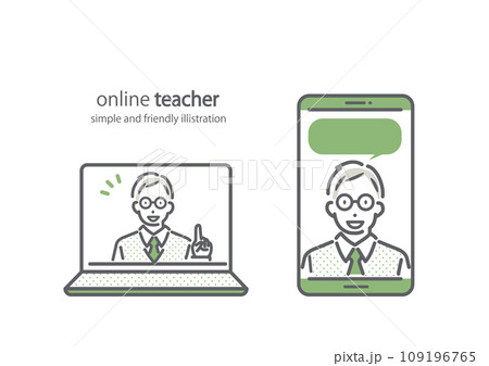 スマホやパソコンを通してサポートしてくれる講師　シンプルでお洒落な線画イラスト 109196765