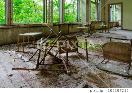 Broken chairs in premises of abandoned school in resettled village of Pogonnoye in Chernobyl exclusion zone, Belarus Broken chairs in premises of abandoned school in resettled village of Pogonnoye in Chernobyl exclusion zone, Belarus 109197213