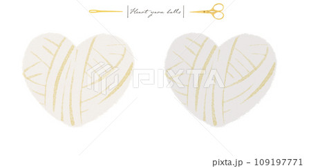ふわふわしたハートの毛糸玉(ナチュラルカラー)と金の糸切り鋏ととじ針のイラストセット 109197771