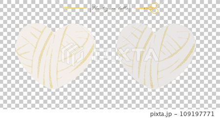 ふわふわしたハートの毛糸玉(ナチュラルカラー)と金の糸切り鋏ととじ針のイラストセット 109197771