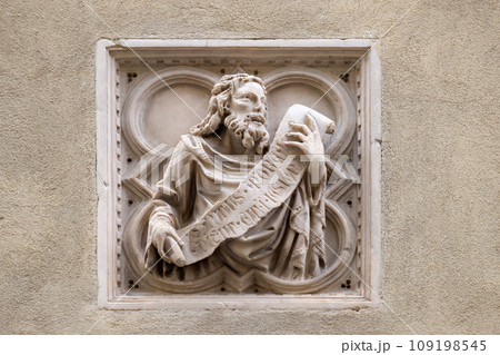 Biblical story, tile relief, external wall of Orsanmichele Church in Florence, Tuscany, Italy Biblical story, tile relief, external wall of Orsanmichele Church in Florence, Tuscany, Italy 109198545