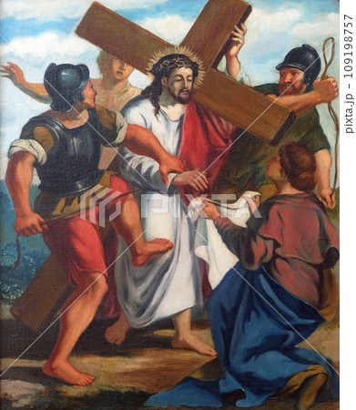 6th Stations of the Cross, Veronica wipes the face of Jesus, church of St. Agatha in Schmerlenbach, Germany 6th Stations of the Cross, Veronica wipes the face of Jesus, church of St. Agatha in Schmerlenbach, Germany 109198757