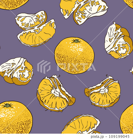 Seamless pattern with tangerine. Handmade drawing of tangerine fruits Orange tangerines on a colored background. Modern abstract design for paper, cover, fabric, interior decor. Citrus fruits 109199045