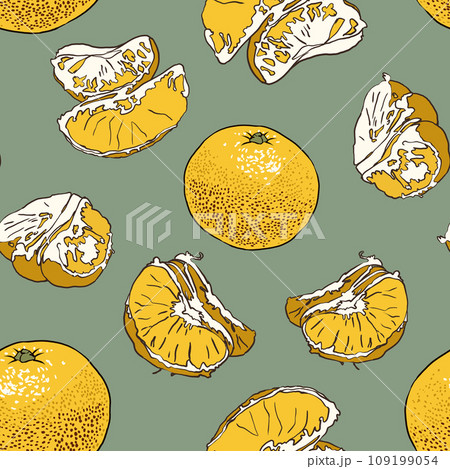 Seamless pattern with tangerine. Handmade drawing of tangerine fruits Orange tangerines on a colored background. Modern abstract design for paper, cover, fabric, interior decor. Citrus fruits 109199054