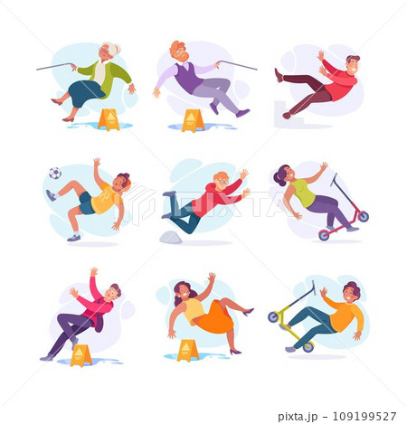 Falling Man and Woman Character Slip on the Ground Vector Set 109199527