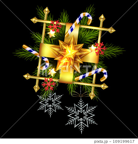 Christmas wreath with golden square frame with snowflakes, isolated design element Christmas wreath with golden square frame with snowflakes, isolated design element 109199617