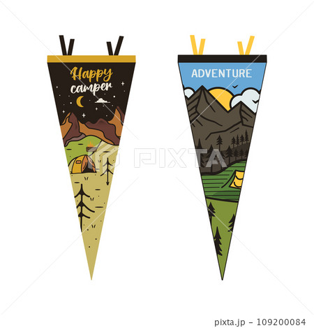 Set of adventure pennants. Camping Pennant flags design. Vintage outdoor designs with summer camp symbols mountains, tent, campfire. Stock vector collection 109200084