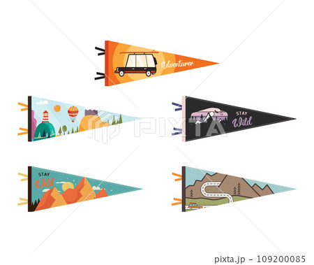 Set of adventure pennants. Camping Pennant flags design. Vintage outdoor designs with summer camp symbols mountains, bison, camper car. Stock vector collection 109200085