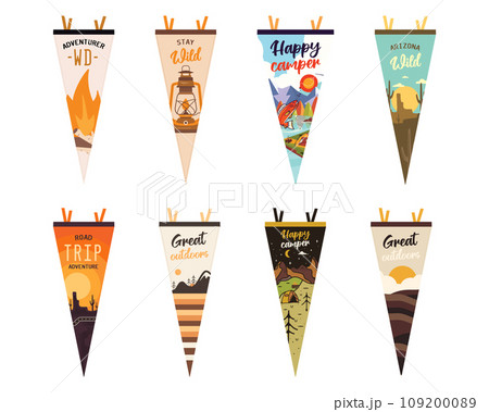 Set of adventure pennants. Camping Pennant flags design. Vintage outdoor designs with summer camp symbols mountains, lantern, fishing. Stock vector collection 109200089
