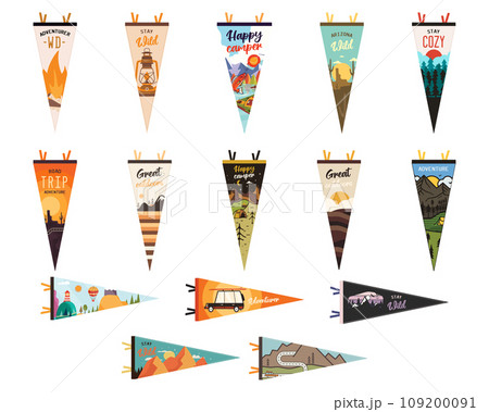 Set of adventure pennants. Camping Pennant flags design. Vintage outdoor designs with summer camp symbols mountains, lantern, campfire. Stock vector collection Set of adventure pennants. Camping Pennant flags design. Vintage outdoor designs with summer camp symbols mountains, lantern, campfire. Stock vector collection 109200091
