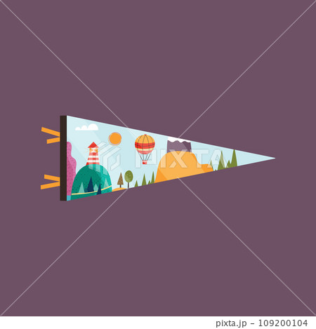 Adventure pennant. Camping Pennant flag design. Vintage outdoor sublimation with travel scene and hot balloon. Stock vector graphics on dark background 109200104