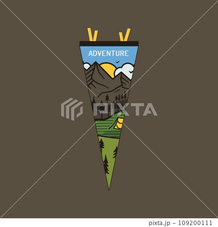 Adventure pennant. Camping Pennant flag design. Vintage outdoor sublimation with mountains scene. Stock vector graphics 109200111