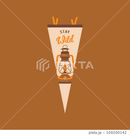 Adventure pennant. Camping Pennant flag design. Vintage outdoor sublimation with retro lantern . Stock vector graphics on dark background Adventure pennant. Camping Pennant flag design. Vintage outdoor sublimation with retro lantern . Stock vector graphics on dark background 109200142