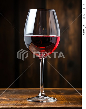 A glass of red wine on a wooden table 109200183
