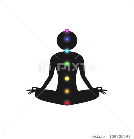 座禅を組む人のシルエットとチャクラカラー 109200342