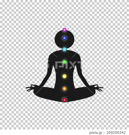 座禅を組む人のシルエットとチャクラカラー 109200342