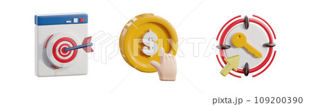 digital target success strategy with arrow aim on website browser. Hand click on dollar coin. Target Keyword with Key Symbol aim. 3D Icon illustration set SEO concept Isolate on white background 109200390