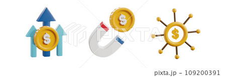 Investment Growth Dollar Rate Increase. salary or cost rise up. Magnet Attracting golden Coin money. Financial diversification fund distribution. 3D Icon illustration set Isolate on white background 109200391