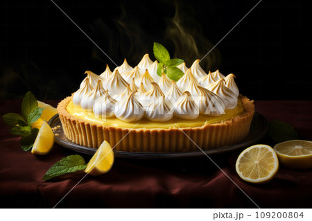 Lemon pie cake dessert topped with perfectly browned meringue in a classic dessert presentation. Generative AI Lemon pie cake dessert topped with perfectly browned meringue in a classic dessert presentation. Generative AI 109200804