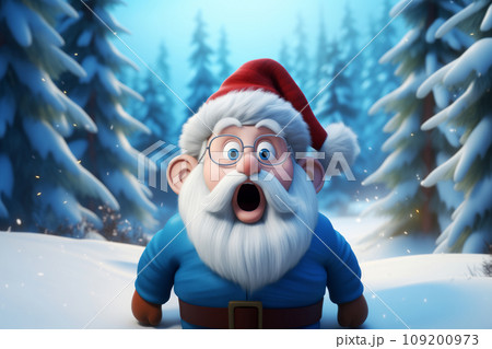 Funny surprised exited Santa Claus in red hat on snowy winter forest background. Generative AI 109200973