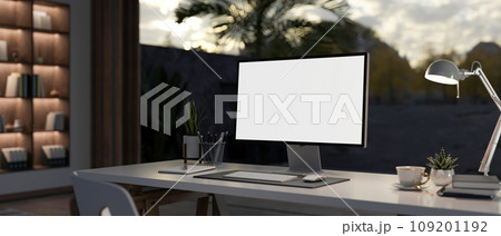 Minimal comfortable living room with table and mock up desktop computer with modern sofa. 109201192