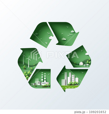 Recycle symbol of Sustainability in green eco city, alternative energy and ecology conservation concept background. Vector illustration in paper art craft style. Recycle symbol of Sustainability in green eco city, alternative energy and ecology conservation concept background. Vector illustration in paper art craft style. 109201652
