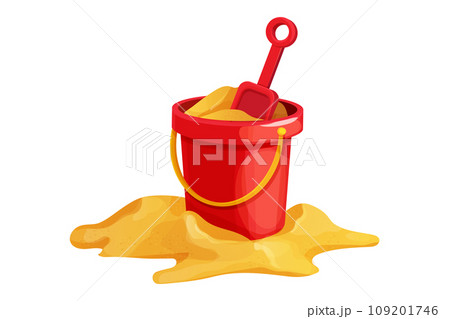 Red bucket with shovel on golden sand, toys in cartoon style isolated on white background. Kid summer game outdoors. 109201746