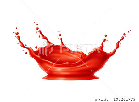 Tomato red juice or ketchup sauce corona splash. Realistic 3d vector liquid catsup, fruit, berry or vegetable juice crown splosh. Blood or paint drip with splashing drops, isolated drink pour motion 109201775