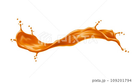 Caramel sauce wave splash or flow. Golden swirl with drops. Juice or toffee splatter. 3d vector drink, liquid sugar candy wavy splash with creamy texture. Isolated realistic motion with spray droplets 109201794