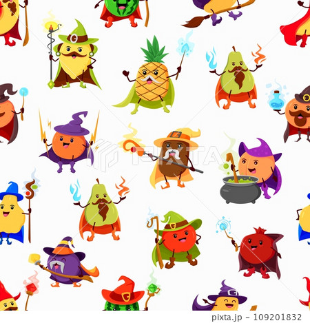 Cartoon fruits wizard or mage characters seamless pattern. Vector tile background with lemon, pineapple, pear and quince. Kiwi, orange, peach or garnet with apple, plum watermelon, orange or mango 109201832