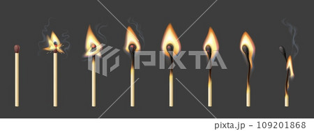 Burning match animation, stages. Realistic 3d vector sequence frame of matchstick ignition from whole to complete combustion and charring. Match stick with normal, and burnt sulphur sprite sheet 109201868