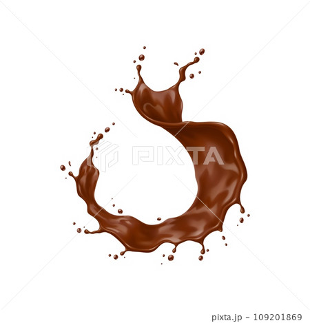 Realistic chocolate yogurt, cream or choco milk drink swirl splash and wave flow. Isolated 3d vector luscious, delightful round cocoa liquid stream, tempting taste buds with its rich, velvety allure 109201869