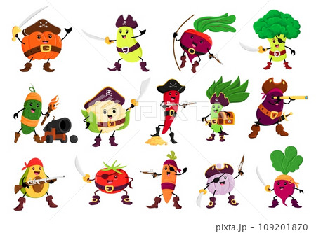Cartoon vegetable pirate and corsair character. Vector broccoli, pumpkin, squash and radish, avocado, tomato buccaneers. Cucumber, cauliflower, chili pepper or spinach with eggplant, carrot and garlic 109201870