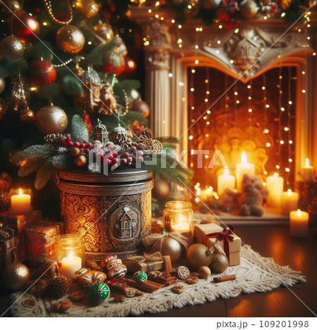 traditional Christmas decorated living room with holiday garlands and dinnerware. traditional Christmas decorated living room with holiday garlands and dinnerware. 109201998