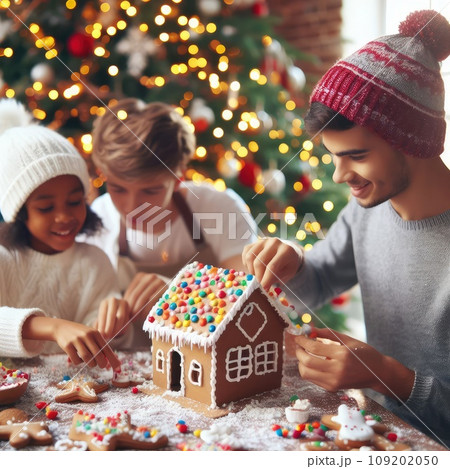 children making Gingerbread house decorated with colorful candies against Christmas tree background 109202050