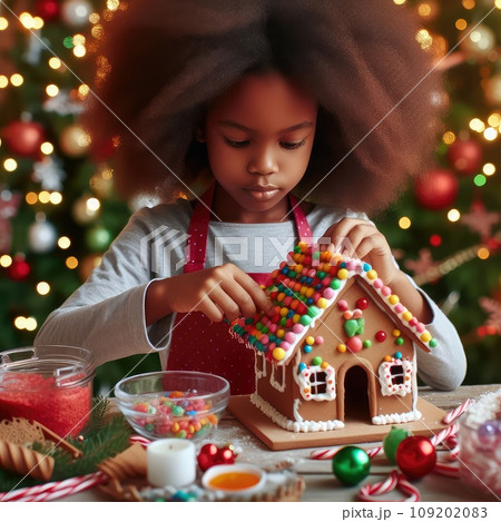 children making Gingerbread house decorated with colorful candies against Christmas tree background 109202083