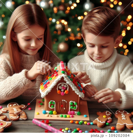 children making Gingerbread house decorated with colorful candies against Christmas tree background 109202084