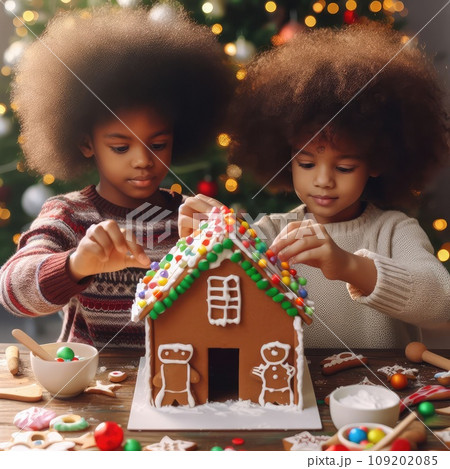 children making Gingerbread house decorated with colorful candies against Christmas tree background 109202085