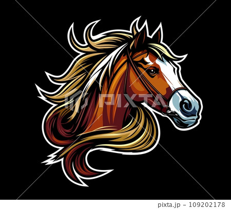 AI generated horse stallion mascot, equestrian sport, riding club or horse racing vector symbol. Head of racehorse or mustang animal character with brown mane, white muzzle and bridle AI generated horse stallion mascot, equestrian sport, riding club or horse racing vector symbol. Head of racehorse or mustang animal character with brown mane, white muzzle and bridle 109202178