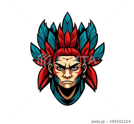 Generative ai indian warrior mascot. Ai generated human character wear traditional feathered headwear and a determined expression, embodies strength, honor, spirit of bravery, heritage and tradition 109202224