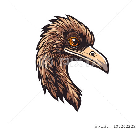 Generative ai ostrich bird animal mascot. Ai generated character head. Energetic creature with brown feathers and a friendly demeanor, embodies fun and enthusiasm. Symbol or emblem of speed and joy 109202225
