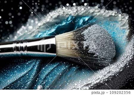 Makeup brush and silver glitter, AI generated cosmetic background. Luxury glitter, shimmering face powder and eyeshadow with silver sparks and particles, professional brush of makeup artist kit Makeup brush and silver glitter, AI generated cosmetic background. Luxury glitter, shimmering face powder and eyeshadow with silver sparks and particles, professional brush of makeup artist kit 109202356