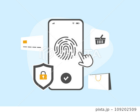 M-commerce Contactless Transactions with mobile biometric authentication. Biometrics in mobile commerce concept. E-commerce payment from mobile phone using fingerprint and biometric authentication 109202509
