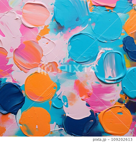 カラフルな夏用油絵正方形抽象バナー）青緑・オレンジ・ピンクの水玉模様。AI生成画像 109202613