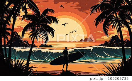 Man with surf board on sandy tropical beach, caribbean scenery and palm trees silhouettes at sunrise or sunset, ai generated illustration. Tropical beach landscape and surfer 109202732