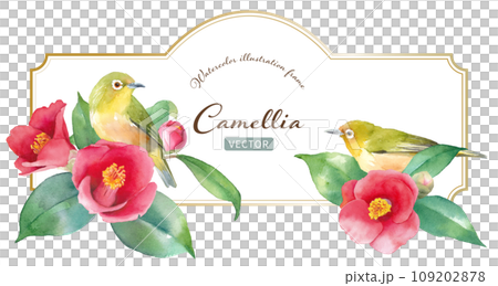 赤いツバキと野鳥(メジロ)の水彩イラスト。2隅装飾フレーム。ヤブツバキ。(ベクター) 赤いツバキと野鳥(メジロ)の水彩イラスト。2隅装飾フレーム。ヤブツバキ。(ベクター) 109202878