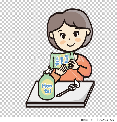 詰め替え用のシャンプーやボディソープ類を本体に詰め替える女性のイラスト 詰め替え用のシャンプーやボディソープ類を本体に詰め替える女性のイラスト 109203195